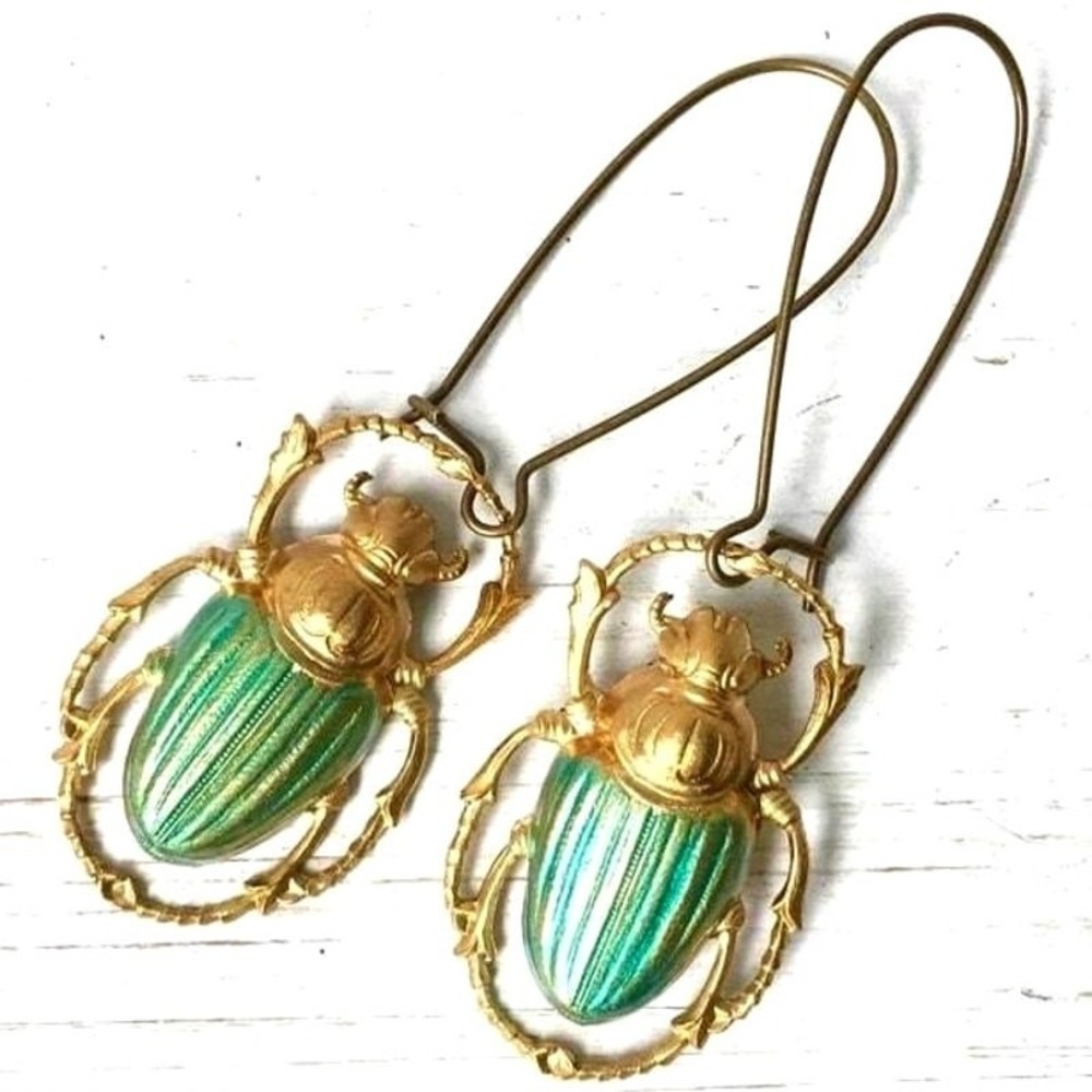 New Gold Turquoise Egyptian Scarab Beetle Hoops Dangle Earrings Whimsical